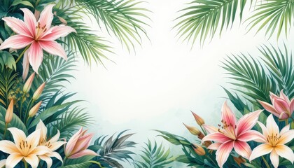 Naklejka premium Tropical flower frame with green leaf
