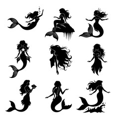 Mermaid Silhouette Collection: A captivating set of elegant silhouette images of mermaids, each poised with unique gestures, bringing the mythical underwater world to life.