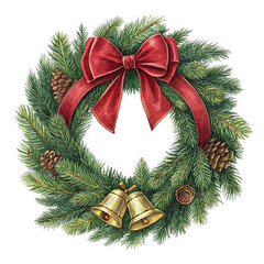 Festive Wreath Embellished: A vibrant, hand-painted illustration of a classic Christmas wreath adorned with a lush red bow, intricate pinecones, and delicate golden bells.