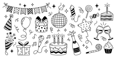 Birthday doodle set. Hand drawn party icons with cake, balloons, gifts, drinks, garland, and festive decor. Fun sketch collection. Vector flat illustration isolated on white background