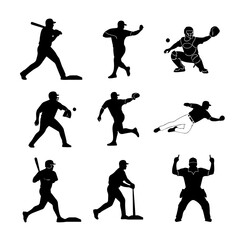 Baseball action silhouette: A dynamic array of baseball players in silhouette, showcasing the essence of the game
