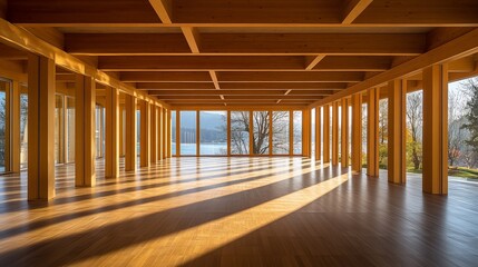 Naklejka premium Spacious wooden hall with large windows overlooking a lake