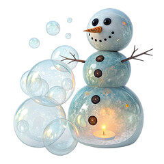 Winter Whimsy: A playful snowman, brought to life with transparent bubbles that dance in the air, alongside a candle, sparking joy and the enchantment of the holiday season. 
