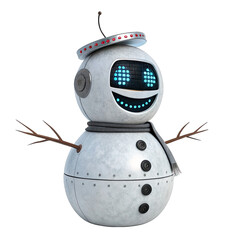 Futuristic Snowman: A whimsical robotic snowman, radiating charm with its innovative design. The charming automaton, smiles, wearing a stylish hat and scarf, bringing a modern twist to winter. 