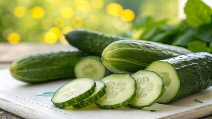 Cucumbers and cucumber slice on white surface in natural warm sunlight background