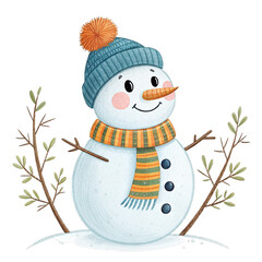 A Whimsical Winter's Companion: A charming snowman, adorned with a cozy hat, scarf, and carrot nose, stands amidst delicate branches.