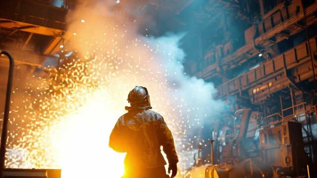 Forging Industry: A solitary figure in protective gear gazes upon an industrial spectacle, sparks erupting in a mesmerizing display of heat and energy within a steel mill.
