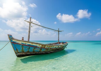 A weathered fishing boat rests peacefully in calm turquoise water under a bright, sunny sky filled with fluffy white clouds.