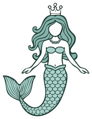 Obraz premium Elegant Mermaid Queen Illustration with Crown, Scales, and Flowing Hair in Sea Green