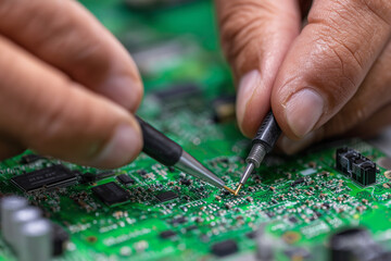 A person is working on a circuit board with a pair of tweezers
