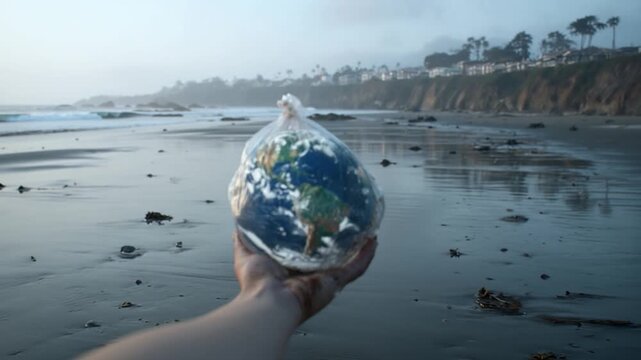 Global in Hand: A person's hand cradles a translucent globe, symbolizing the fragility of our world amidst an environmental awareness message, urging responsibility and care for future.
