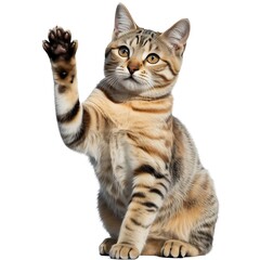 Fototapeta premium Cute tabby cat raising its paw isolated on white background in studio