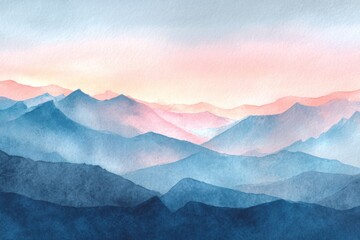 Serene Watercolor Landscape of Layered Mountains at Sunrise with Soft Hues of Pink, Blue, and Purple in Tranquil Atmosphere