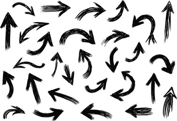 Hand drawn arrow icons, sketch direction symbols, curved brush strokes, black vector design set