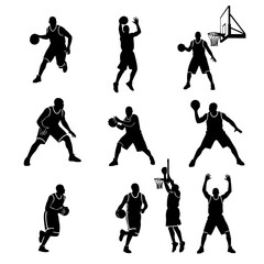 collection of Basket man silhouettes in different posses clipart vector illustrator	