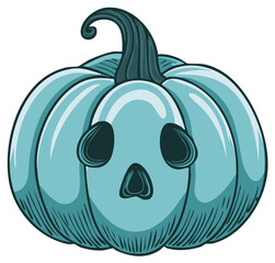 Spooky Teal Pumpkin with Carved Ghost Face and Curly Stem
