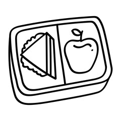A lunchbox with a sandwich and fruit, representing school
lunches.