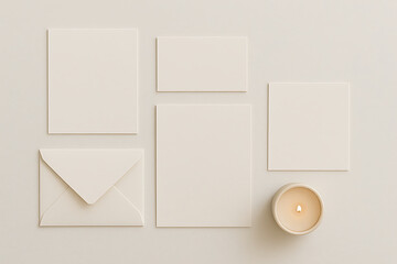Neutral Flat Lay of Wedding Stationery with Candle