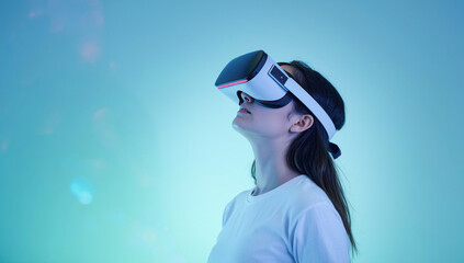 Metaverse technology concept, A young woman wearing a VR headset looks upwards, immersed in a digital world with a futuristic blue and green glow.