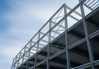 A modern metal framework of a building under construction against a partly cloudy sky.
