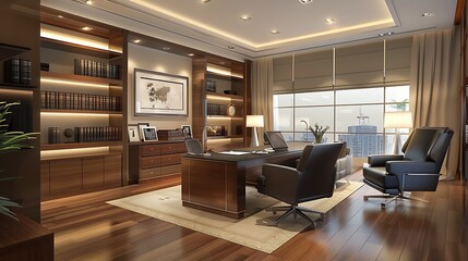 Obraz premium Luxurious executive office featuring rich wood, leather seating, and panoramic city views, perfect for high-level business strategy and success.