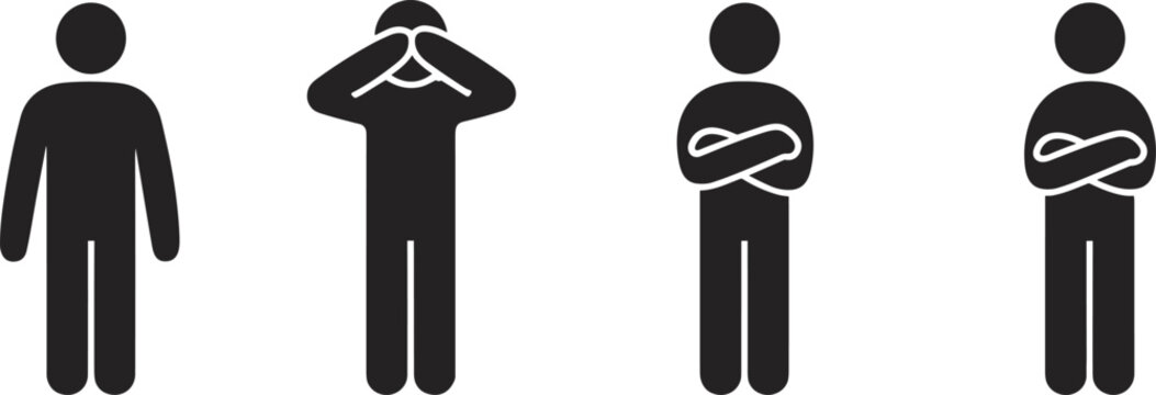 Human silhouette icon set, body language illustration, emotional expression vector, standing man posture pictogram, simple people figure collection.