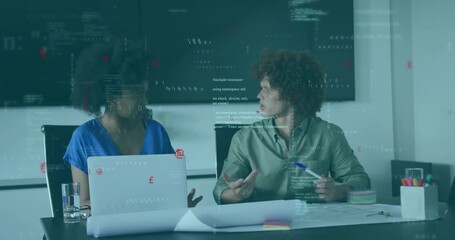 Coworkers discussing design via laptop following code overlay intensifying software collaboration - Powered by Adobe