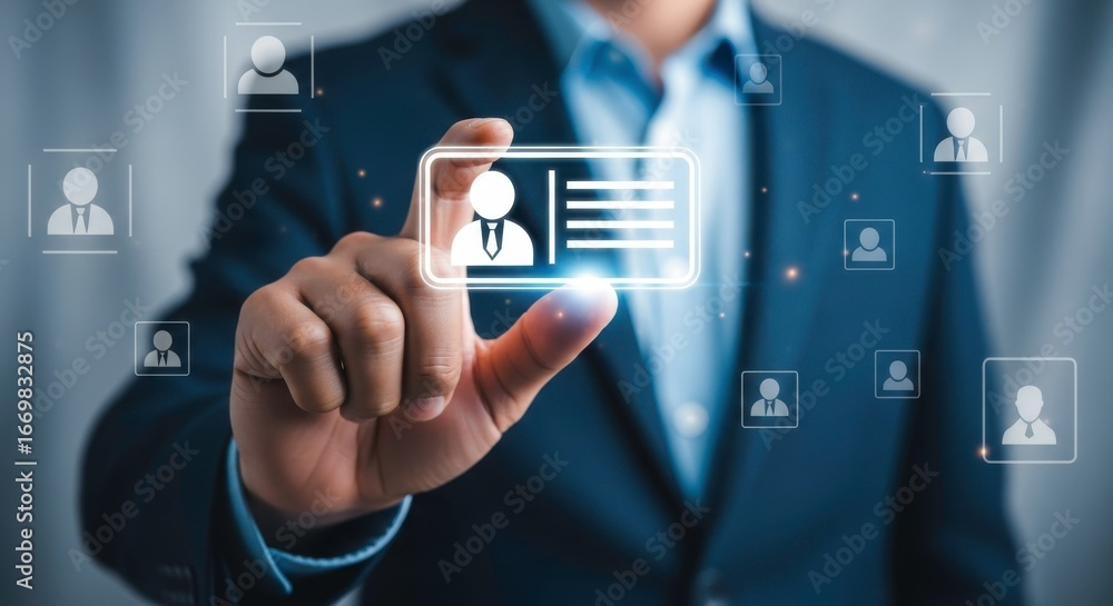 Poster a person interacting with a digital profile interface in a modern business setting view