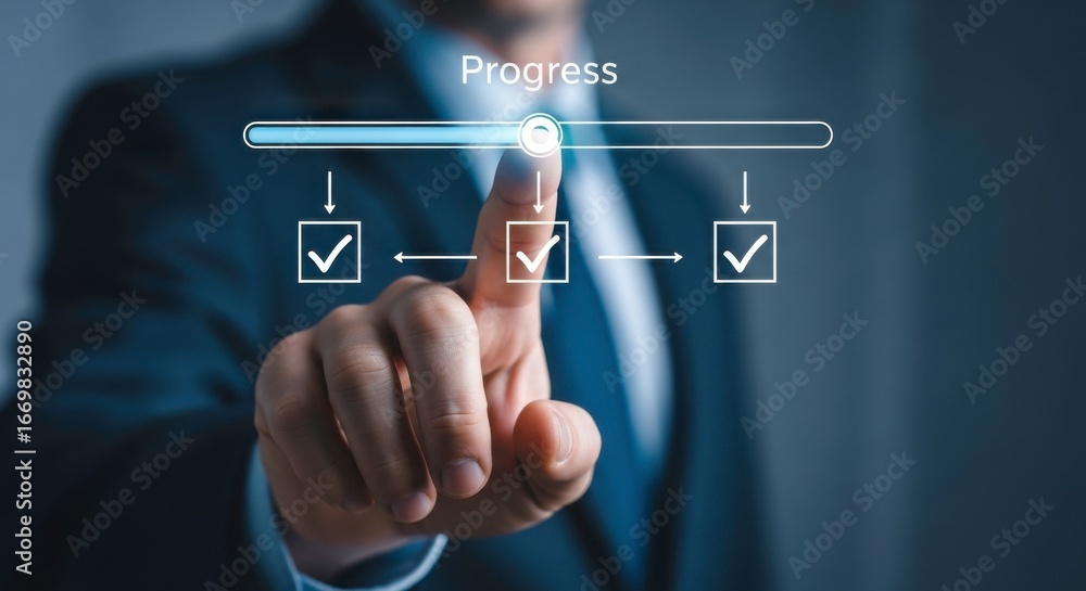 Poster a person in a suit touching a progress bar with checkmarks indicating completed tasks