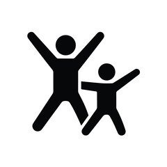 Fototapeta premium Illustration of a black silhouette icon of two figures, one adult and one child, with arms raised in a joyful, jumping pose