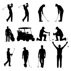 Golf in Silhouette: A collection of various golf silhouettes showcases a diverse range of golfing actions and stances, capturing the sport's grace and skill.