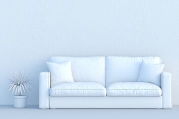 Light-blue room with white couch and plant