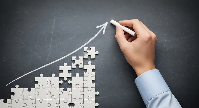 A hand draws a rising line graph over a collection of white jigsaw puzzle pieces on a dark gray chalkboard, symbolizing growth and progress.