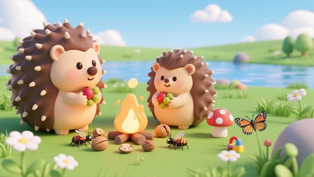 Two hedgehogs enjoying a picnic by the lake with a campfire and mushrooms in a sunny, grassy field.