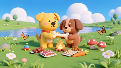 Fototapeta premium Two cartoon dogs enjoying a picnic by a lake with food and flowers in a sunny, whimsical setting