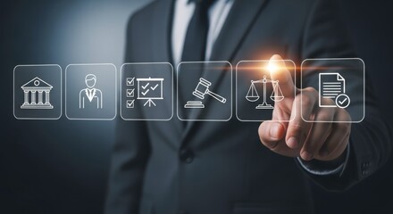 A person in a suit touching a digital interface with legal icons displayed on screen