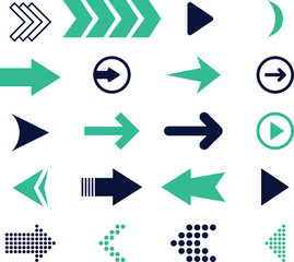 Set of directional arrow signs and icons in vector format. Includes multiple styles and directions, perfect for navigation, wayfinding, maps, UI/UX design, and infographic projects. Fully editable and