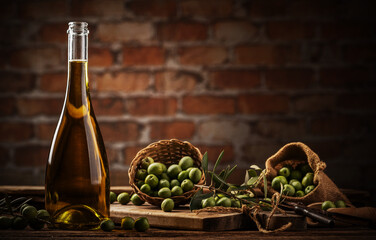 Bottle of extra virgin olive oil on a table