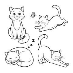 Cute cartoon adorable cat with flowers coloring pages for kids, vector outline illustration for children book design	