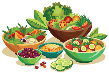 Colorful and Healthy Bowls of Salads Fresh Fruit and Vegetables with Nutritional and Dietary Focus for Balanced Healthy Eating