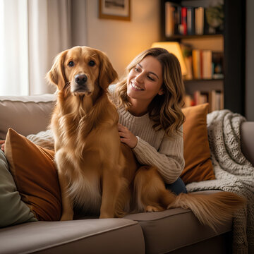 Golden retriever dog sitting on couch next to smiling woman