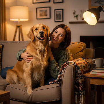 Golden retriever dog sitting on couch next to smiling woman
