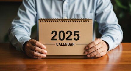 Person holding a brown calendar with the year 2025 printed on it sitting on a wooden table