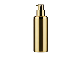 Fototapeta premium Polished gold cosmetic bottle with a simple pump top against a black background.