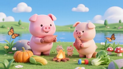 Two cartoon pigs enjoying a picnic with food and nature elements in a sunny outdoor setting