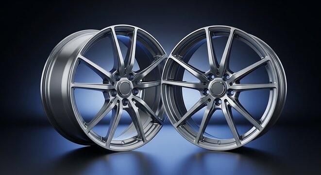 Two modern alloy car wheels showcased against a dark, reflective backdrop with subtle blue lighting, highlighting their sleek design and automotive appeal