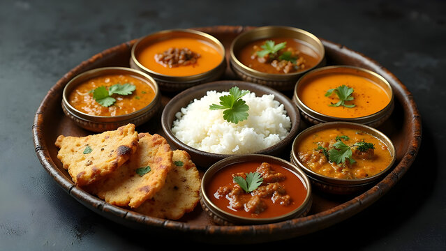 Traditional Indian Thali with Intricate Curry Details