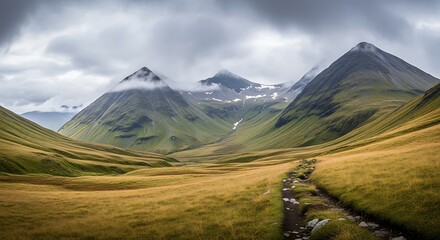 A valley between high peaks, showcasing a pathway through a vibrant landscape of rolling hills and lush green slopes under a cloudy sky.