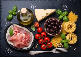 Italian food ingredients featuring pasta olives tomatoes meat cheese and olive oil
