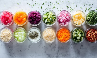 Vibrant collection of assorted fermented foods displayed in clear glass jars, featuring a colorful array of textures and hues from vegetables and fruits. This image promotes healthy, Generative AI